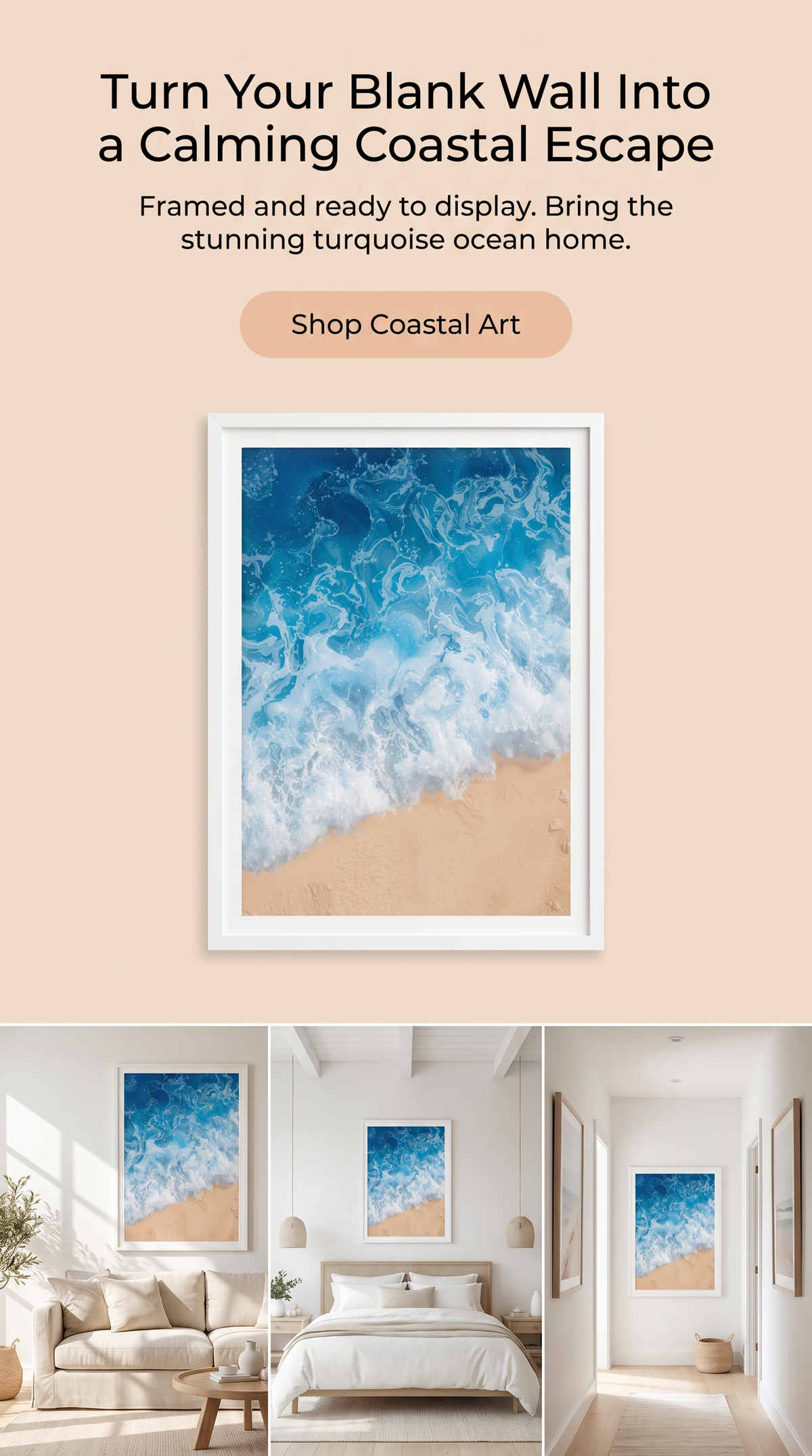Ocean Waves Framed Print: Coastal Beach Wall Art Resin Style A4-A2