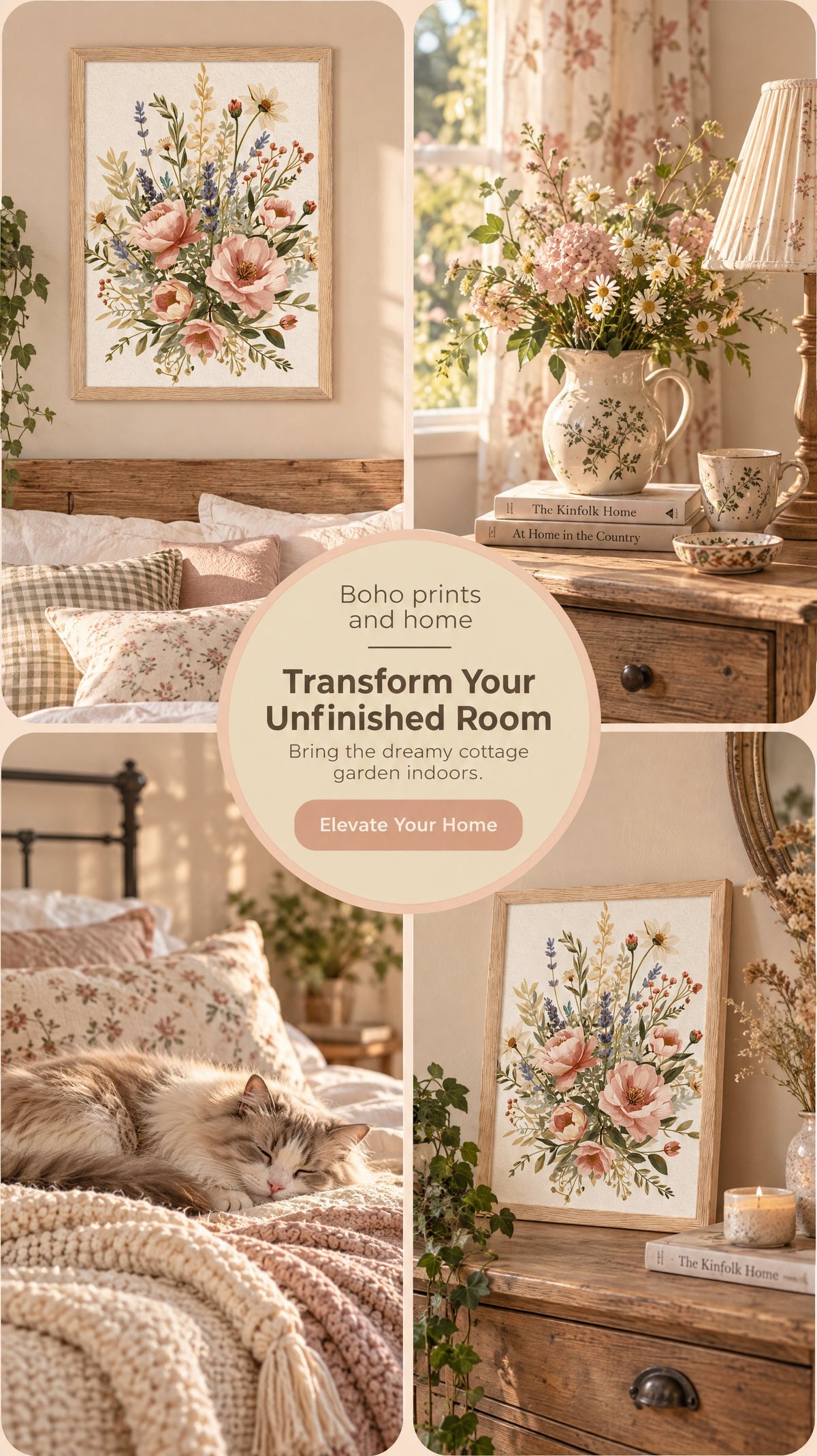 Boho Floral Framed Print: English Cottage Garden Wall Art