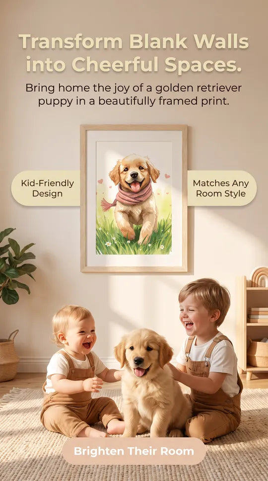 Happy Golden Retriever Nursery Framed Print: A4 A3 A2