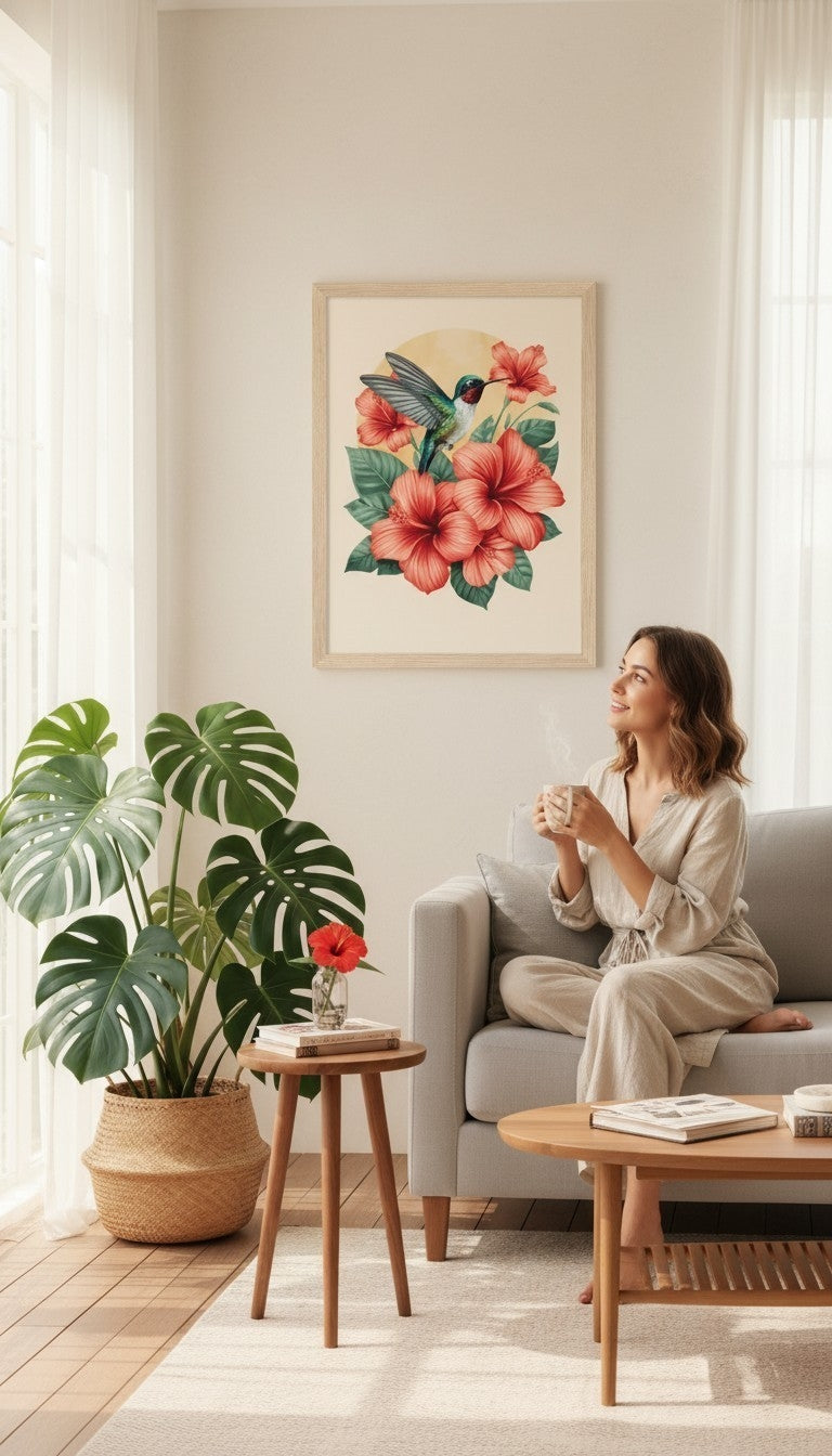 Hummingbird Framed Print: Tropical Hibiscus Wall Art A4-A2