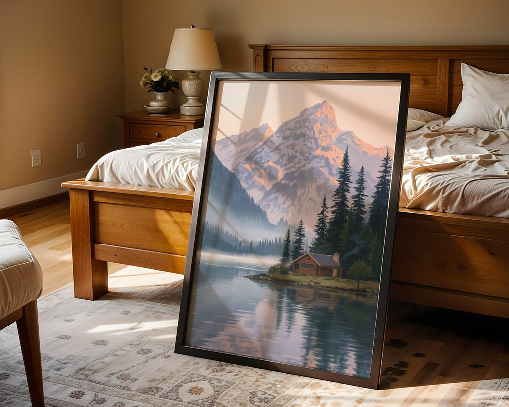 Cabin by the Lake Framed Print: Mountain Landscape Wall Art