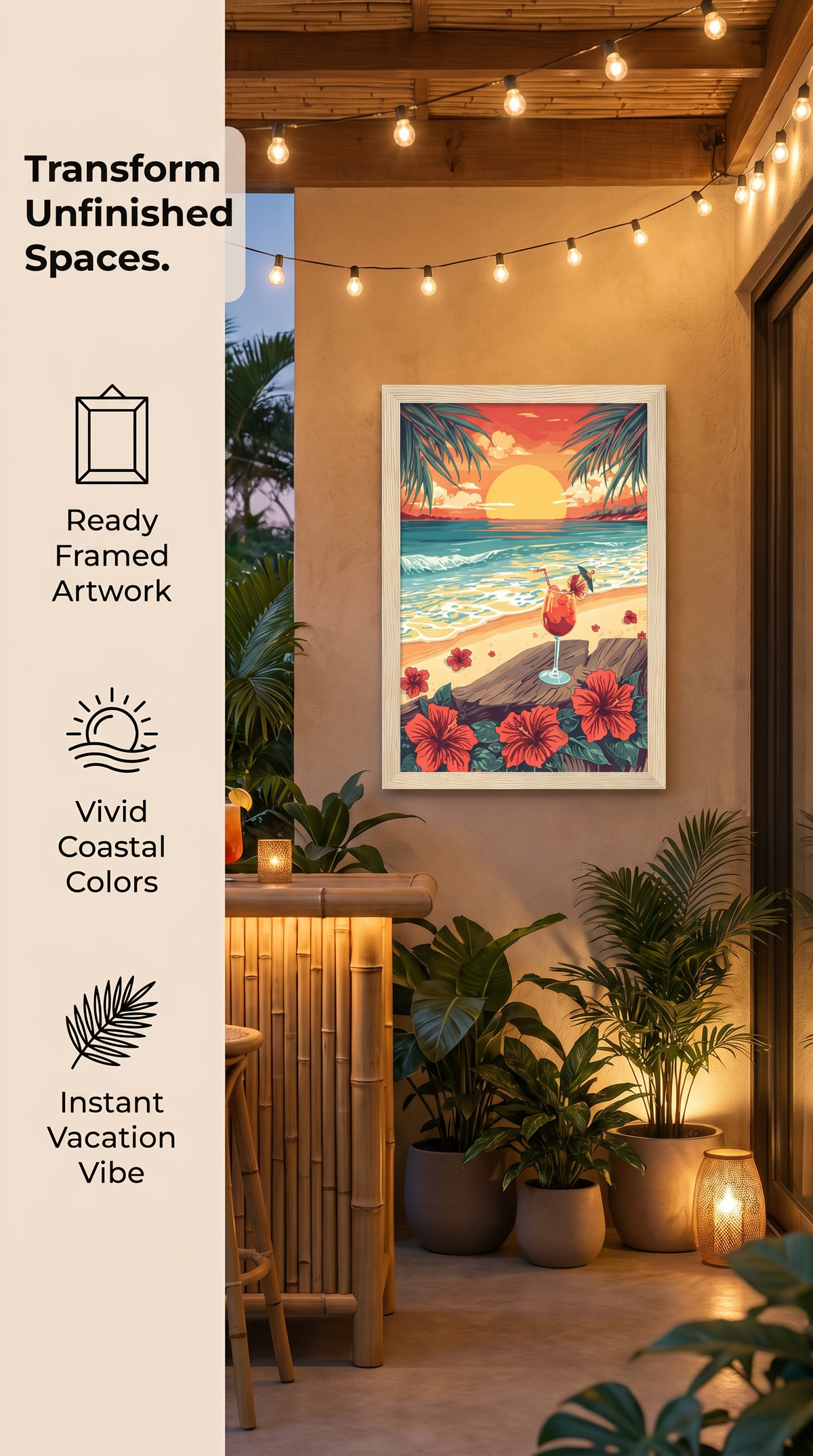 Tropical Beach Sunset Framed Print: Hawaiian Wall Art A4-A2