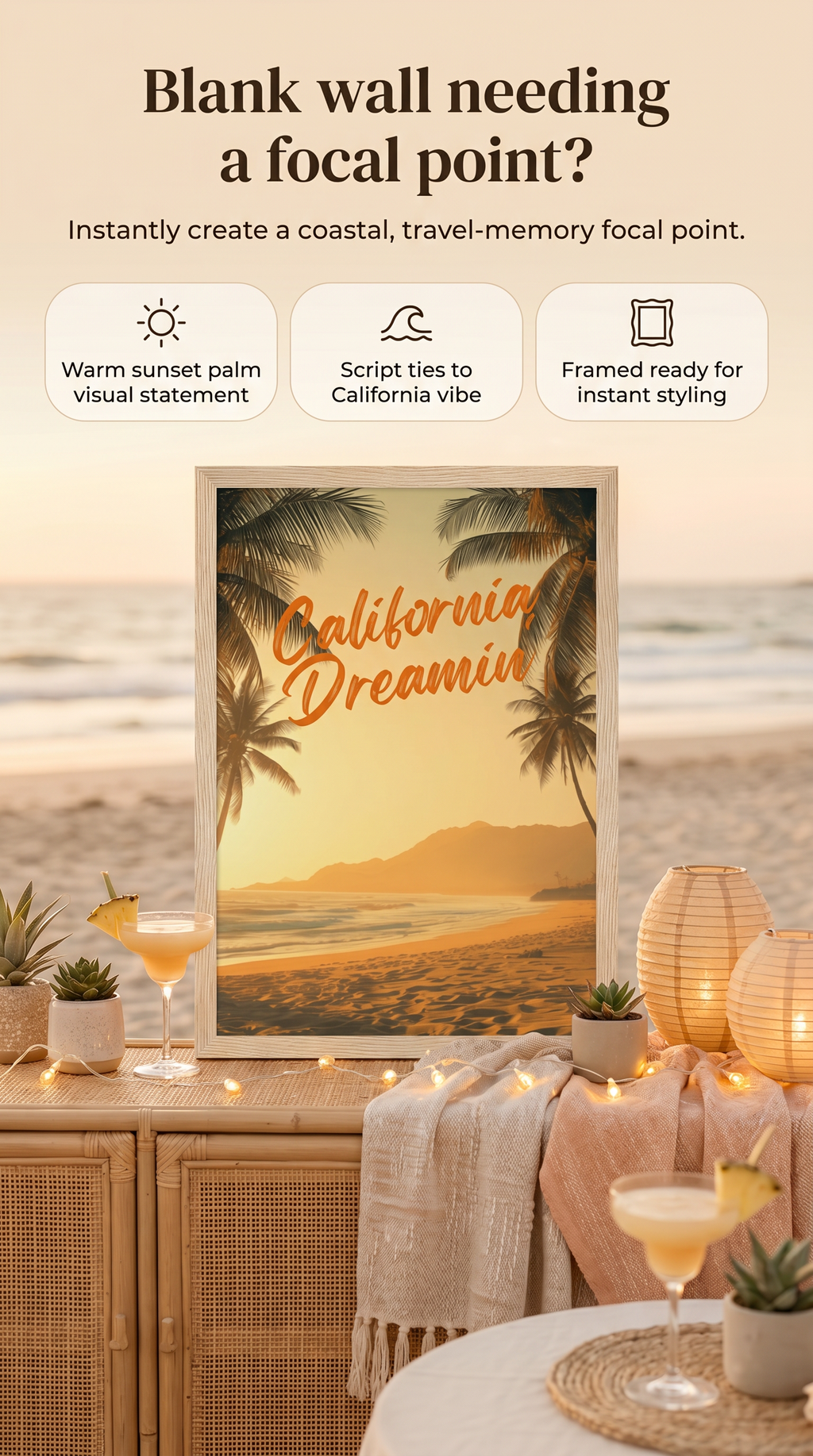 California Dreaming Beach Framed Poster: Sunset Palm Print A4-A2